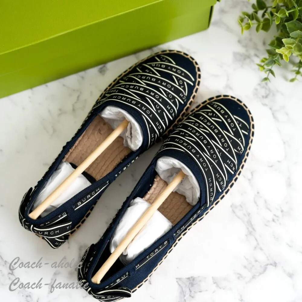 NIB Tory Burch Ribbon Canvas Espadrille Flats in Perfect Navy Size 7.5